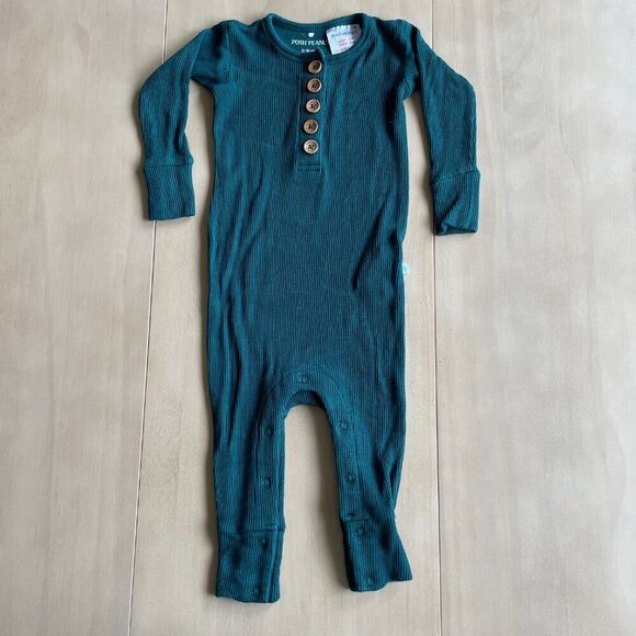 Posh Peanut Bamboo Long Sleeve Henley Romper, Hunter Green - Size 12-18 Months - Picture 3 of 8